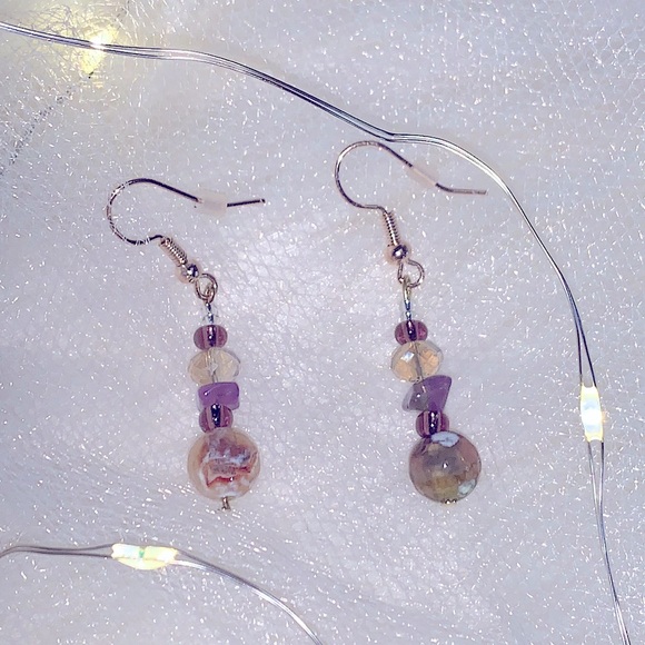 New Handmade Beaded Earrings Amethyst Natural Healing Gemstones, Hypoallergenic - Picture 8 of 16